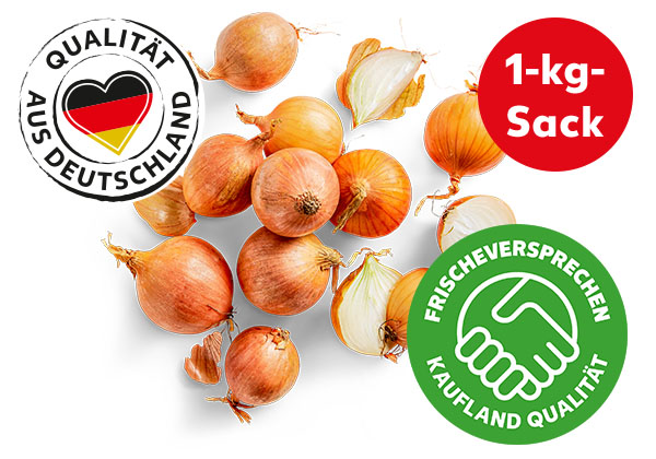 Dtsch. Zwiebeln; Logo: Qualität aus Deutschland; Logo: Frischeversprechen Kaufland Qualität; Störer: 1-kg-Sack
