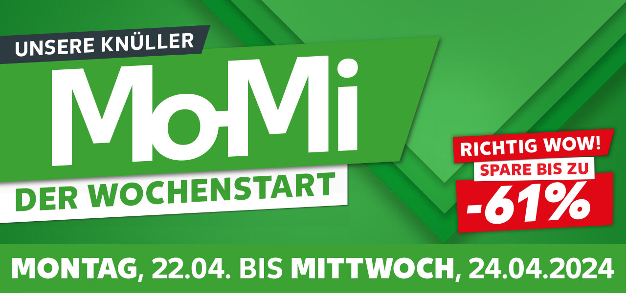 Schriftzug: Unsere Knüller, Mo-Mi Der Wochenstart; Von Montag, 22.04. bis Mittwoch, 24.04.2024; Störer: Richtig Wow! Spare bis zu -61%