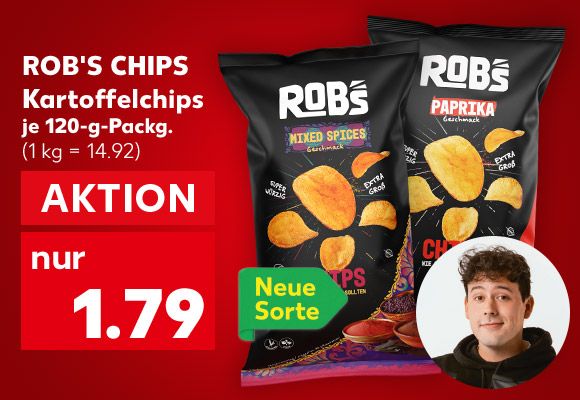 Rob's Chips Kartoffelchips, versch. Sorten, je 120-g-Packg. für 1.79 Euro (1 kg = 14.92); Logo: Neue Sorte; Abbildung: Food- und Snack-Influencer CrispyRob