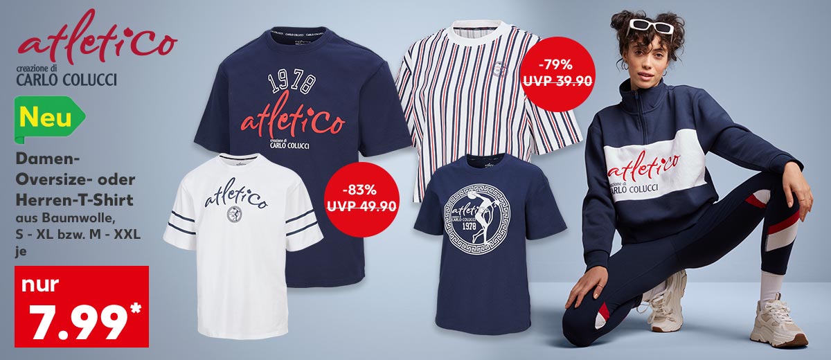 Logo: atletico creazione di Carlo Colucci; Logo: Neu; atletico Damen-Oversize- oder Herren-T-Shirt, aus Baumwolle, S - XL bzw. M - XXL, je für 7.99 Euro*; Abbildung: Eine Frau trägt Bekleidung von atletico