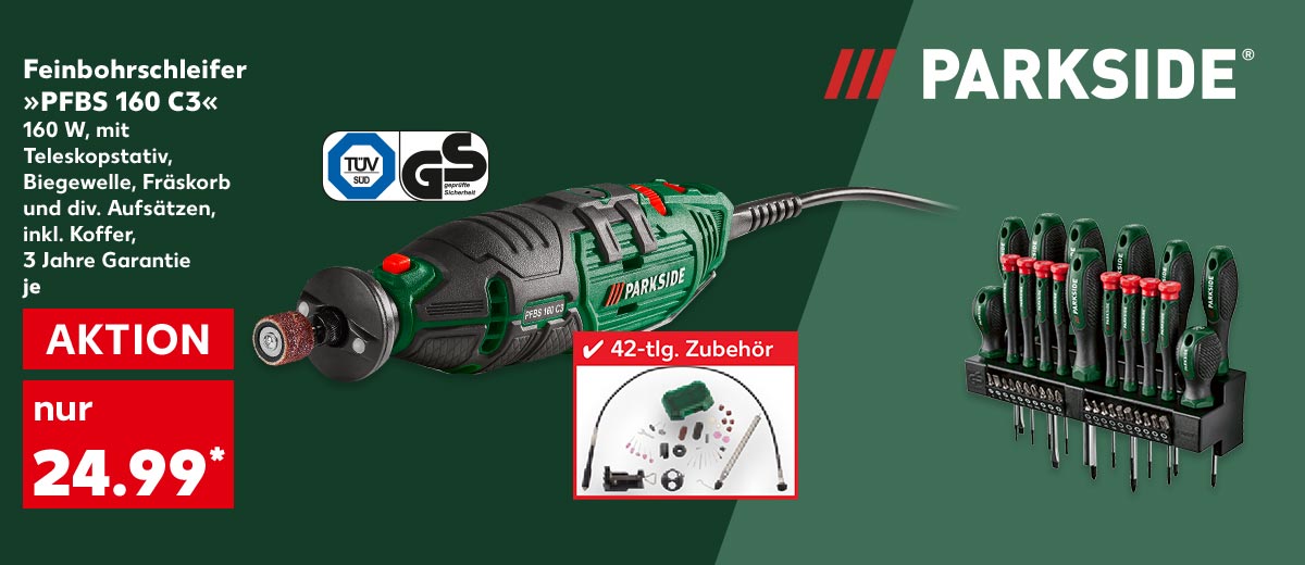 Logo: Parkside®; Parkside® Feinbohrschleifer »PFBS 160 C3«, 160 W, mit Teleskopstativ, Biegewelle, Fräskorb und div. Aufsätzen, inkl. Koffer, 3 Jahre Garantie, je für 24.99 Euro*; Störer: 42-tlg. Zubehör; Logo: Tüv/Gs; Weitere Produktabbildungen: Parkside® Schraubendreher-Satz