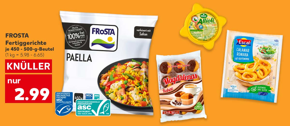 Frosta Fertiggerichte, versch. Sorten, je 450 - 500-g-Beutel für 2.99 Euro (1 kg = 5.98 - 6.65); Logo: Msc-zertifizierte nachhaltige Fischerei; Logo: asc-zertifizierte verantwortungsvolle Fischzucht; Weitere Produktabbildungen: Chovi Allioli, Pico Food Magdalenas, Escal Calamar Romana glutenfrei