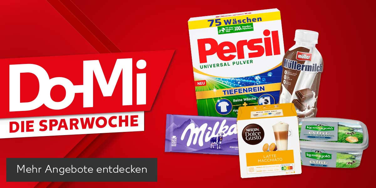Schriftzug: Do-Mi, Die Sparwoche; Produktabbildungen: Persil Voll- oder Colorwaschmittel, Milka Schokolade, Nescafé Dolce Gusto Kapseln, Müller Müllermilch, Kerrygold Extra; Button: Mehr Angebote entdecken