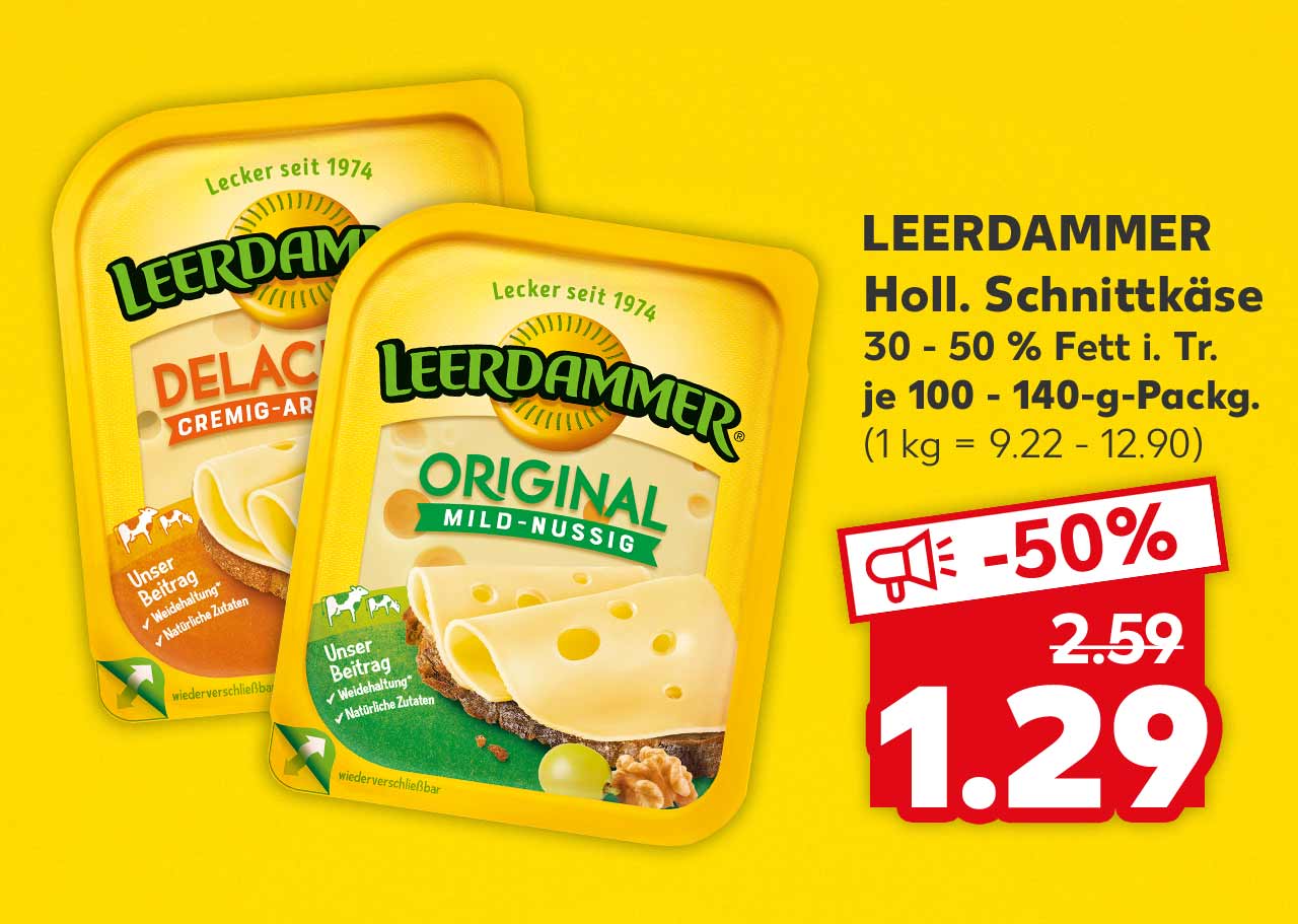 Leerdammer Holl. Schnittkäse, versch. Sorten, 30 - 50 % Fett i. Tr., je 100 - 140-g-Packg. für 1.29 Euro (1 kg = 9.22 - 12.90)