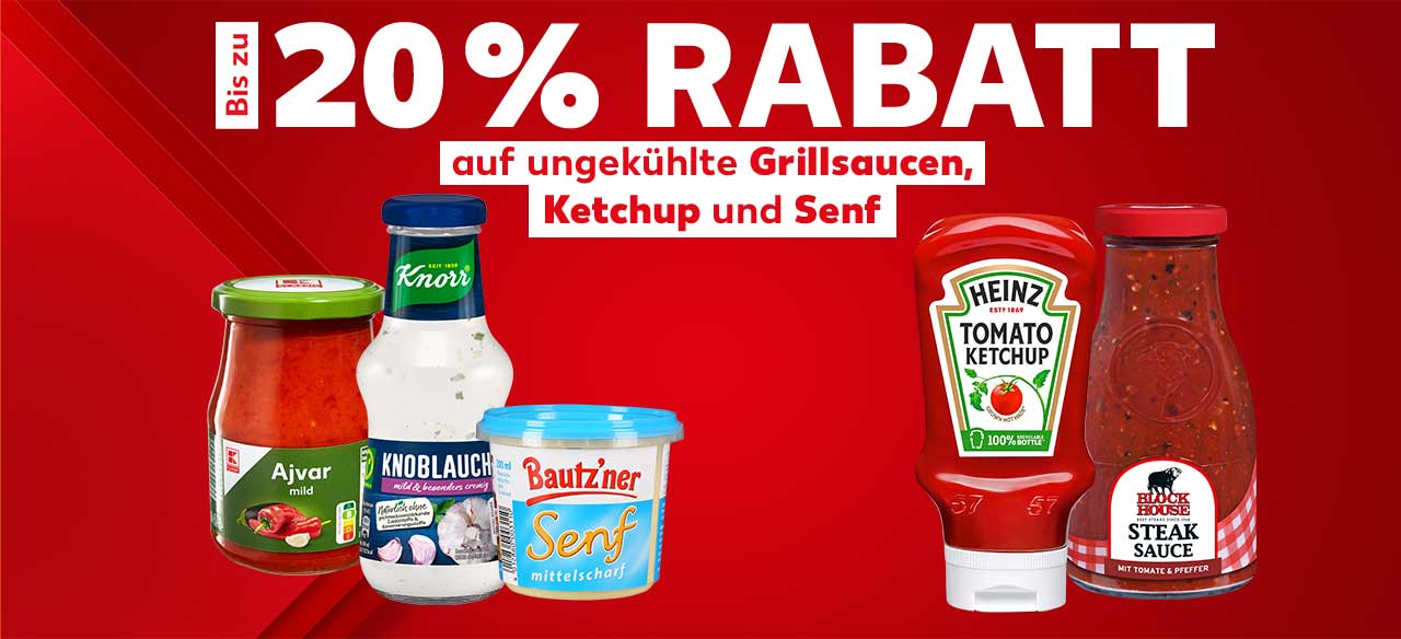 Schriftzug: Bis zu 20 % Rabatt auf ungekühlte Grillsauce, Ketchup und Senf; Abbildung: Verschiedene Grillsaucen, Ketchup und Senf