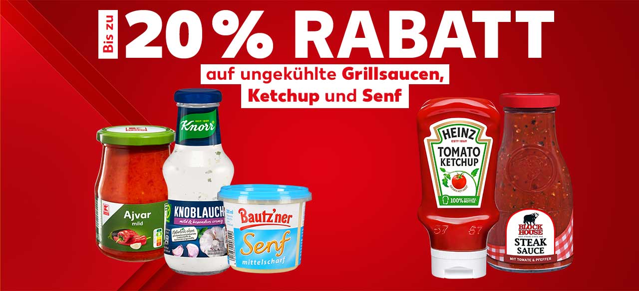 Schriftzug: Bis zu 20 % Rabatt auf ungekühlte Grillsauce, Ketchup und Senf; Abbildung: Verschiedene Grillsaucen, Ketchup und Senf