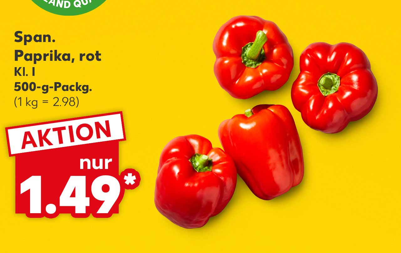 Span. Paprika, rot, Kl. I, 500-g-Packg. für 1.49 Euro* (1 kg = 2.98); Logo: Frischversprechen Kaufland Qualität