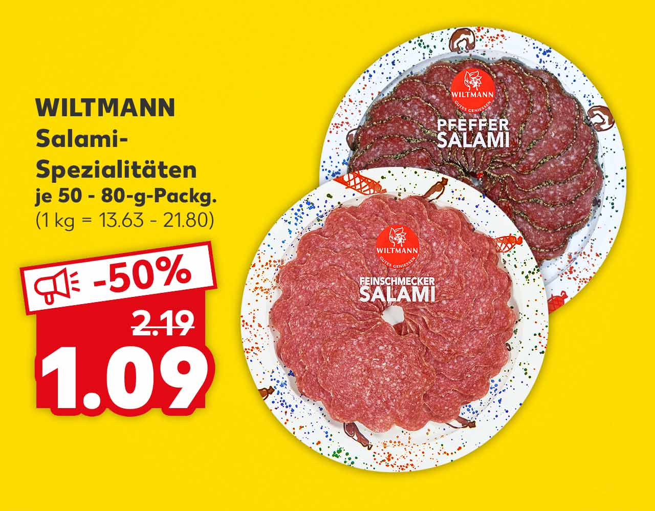 Wiltmann Salami-Spezialitäten, versch. Sorten, je 50 - 80-g-Packg. für 1.09 Euro (1 kg = 13.63 - 21.80)