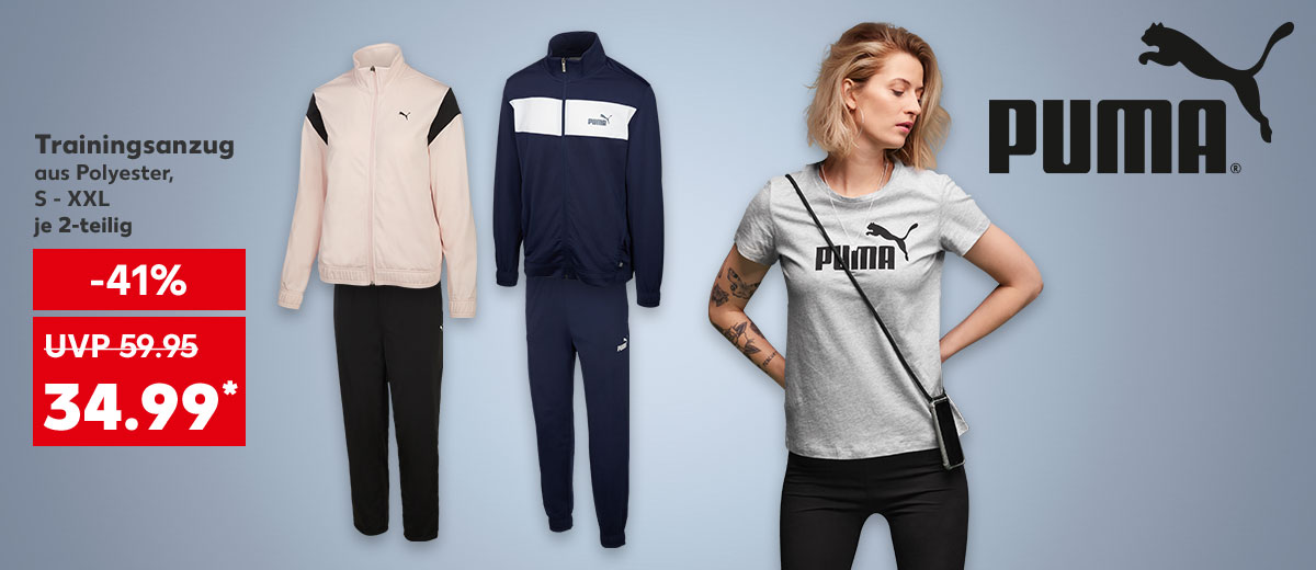 Logo: Puma; Puma Trainingsanzug, aus Polyester, S - XXL, je 2-teilig für 34.99 Euro* (UVP = 59.95 Euro); Abbildung: Eine Frau trägt ein T-Shirt von Puma