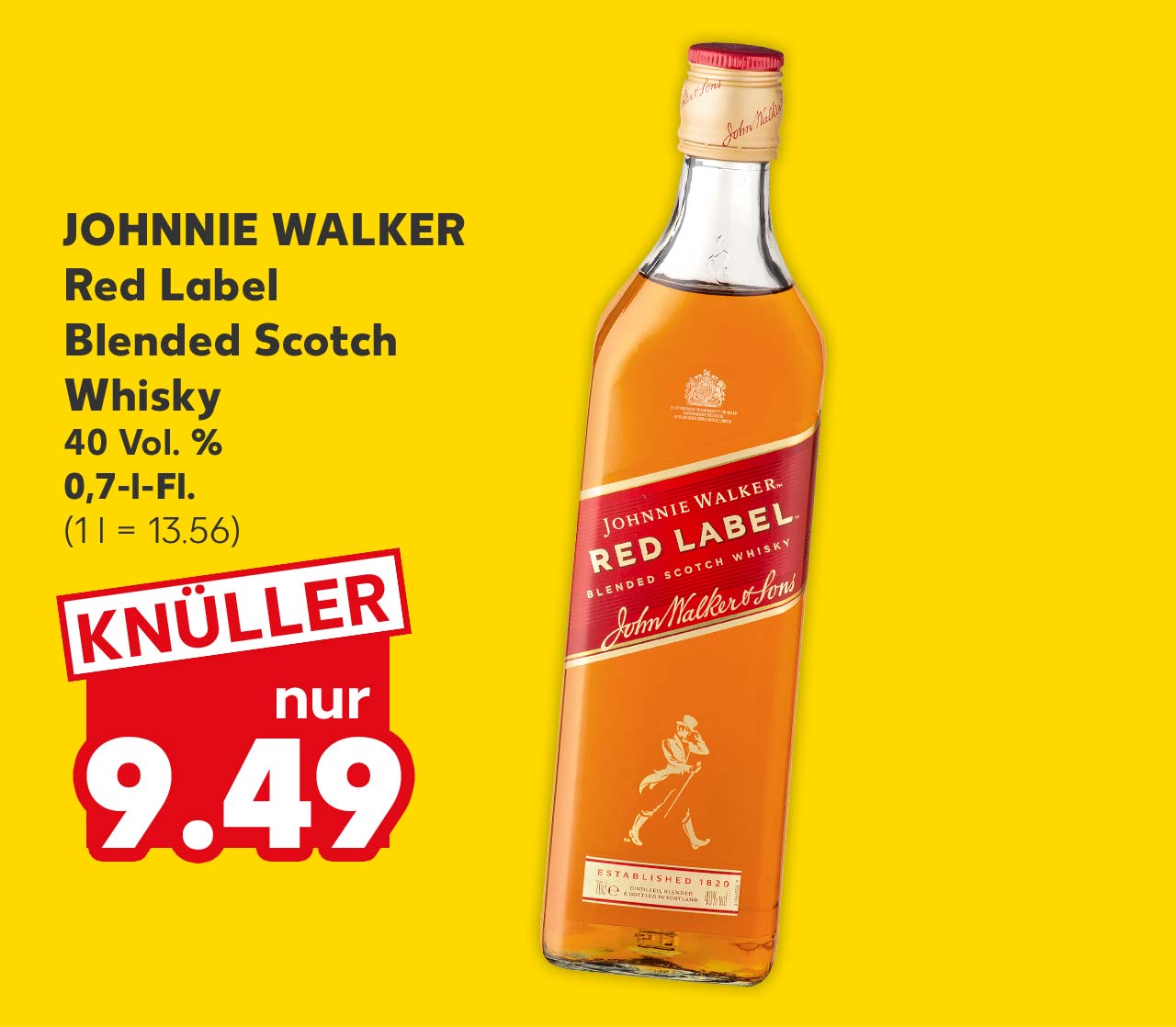 Johnnie Walker Red Label Blended Scotch Whisky, 40 Vol. %, 0,7-l-Fl. für 9.49 Euro (1 l = 13.56)