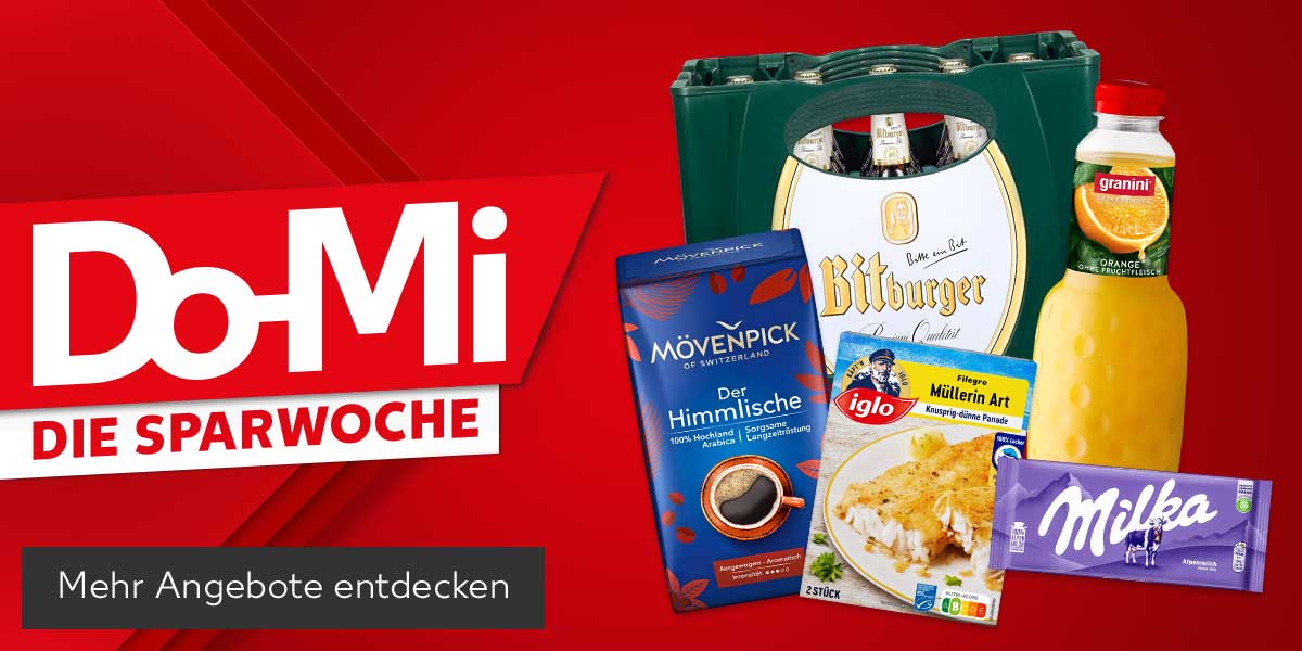 Schriftzug: Do-Mi, Die Sparwoche; Produktabbildungen: Mövenpick Kaffee, Bitburger Premium Pils, Granini Trinkgenuss oder Selection, Iglo Filegro, Milka Schokolade; Button: Mehr Angebote entdecken