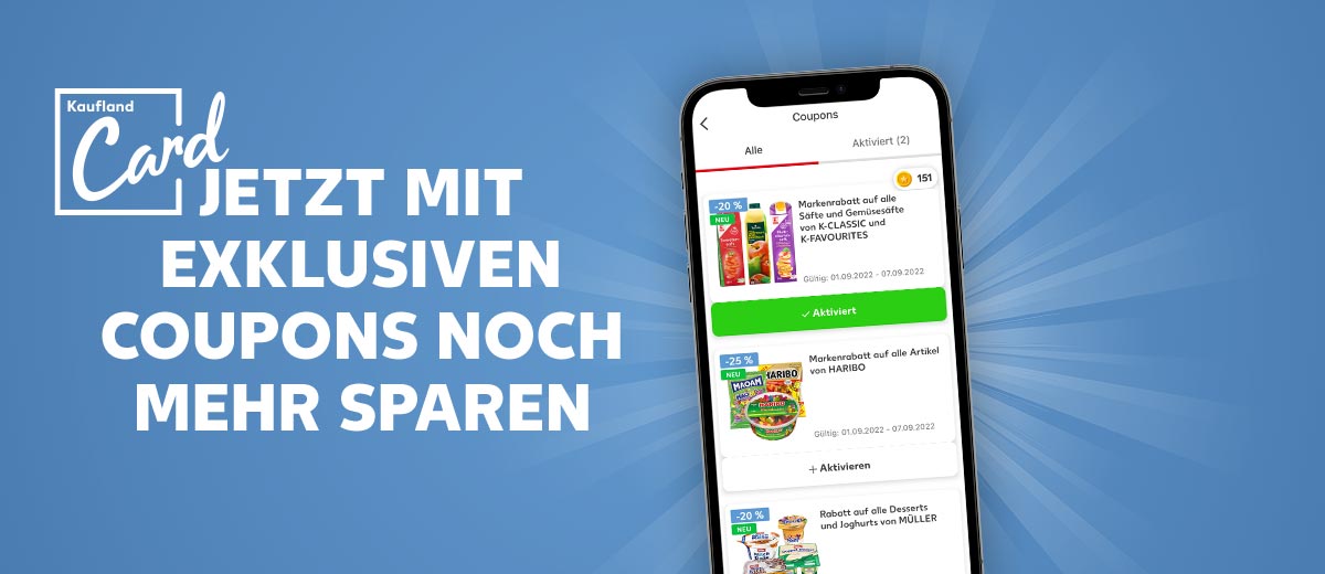 Schriftzug und Logo: Kaufland Card, Jetzt mit exklusiven Coupons noch mehr sparen; Abbildung zeigt Kaufland-App mit Coupons