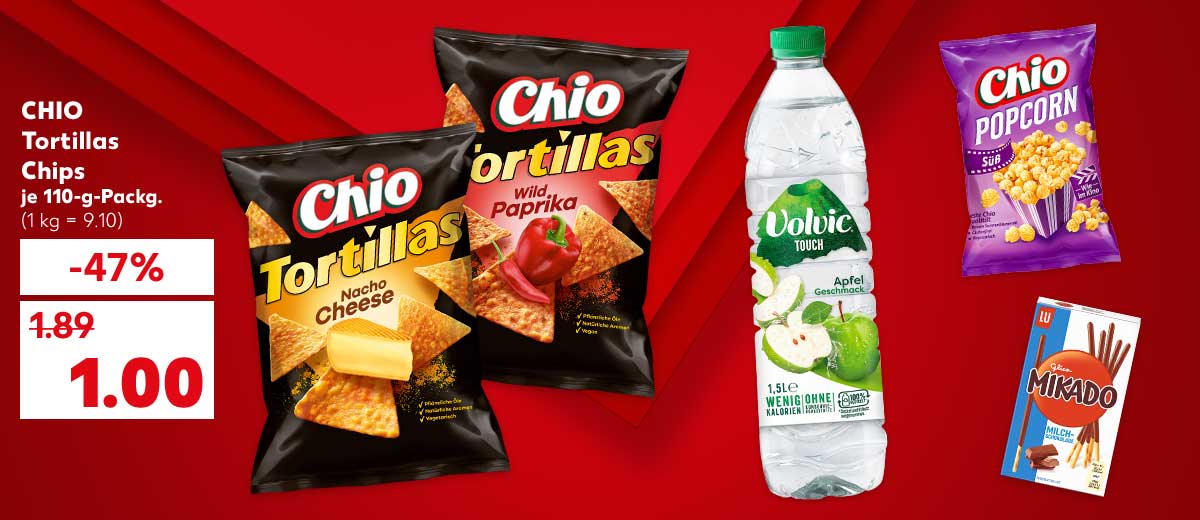 Chio Tortillas Chips, versch. Sorten, je 110-g-Packg. für 1.00 Euro (1 kg = 9.10); Weitere Produktabbildungen: Volvic Touch oder Tee, Glico Mikado-Sticks, Chio Popcorn