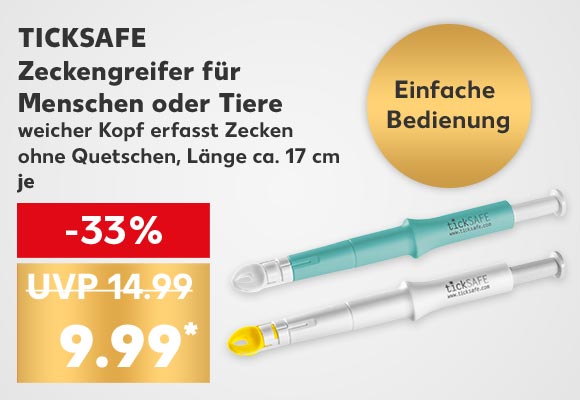 Ticksafe Zeckengreifer für Menschen oder Tiere, versch. Farben, weicher Kopf erfasst Zecken ohne Quetschen, Länge ca. 17 cm, je für 9.99 Euro*; Störer: Einfache Bedienung