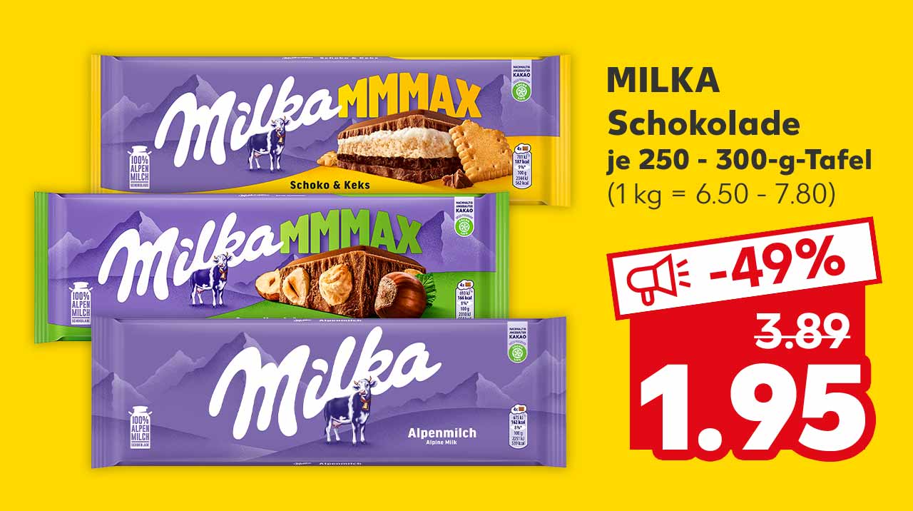 Milka Schokolade, versch. Sorten, je 250 - 300-g-Tafel für 1.95 Euro (1 kg = 6.50 - 7.80)