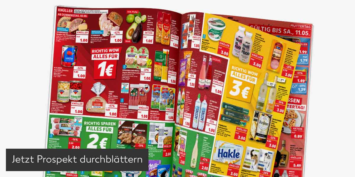 Abbildung: Prospekt wird durchgeblättert; Button: Jetzt Prospekt durchblättern