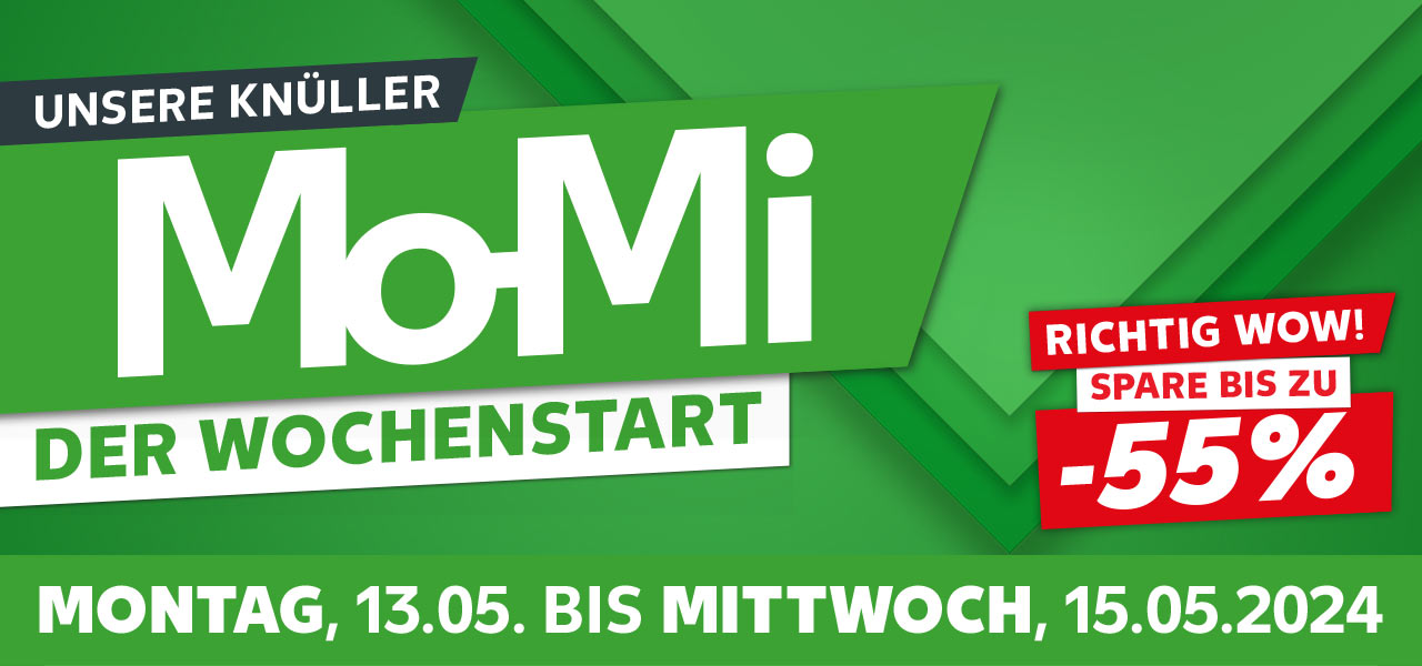 Schriftzug: Unsere Knüller, Mo-Mi, Der Wochenstart; Von Montag, 13.05. bis Mittwoch, 15.05.2024; Störer: Richtig Wow! Spare bis zu -55%