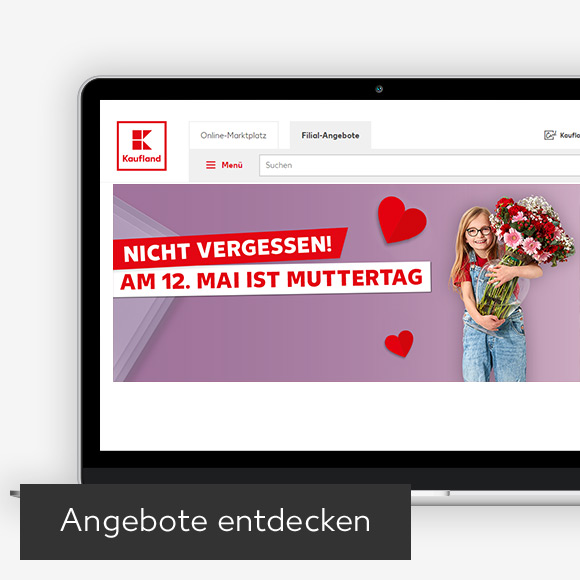 Abbildung: Laptop zeigt Kaufland-Webseite; Button: Angebote entdecken