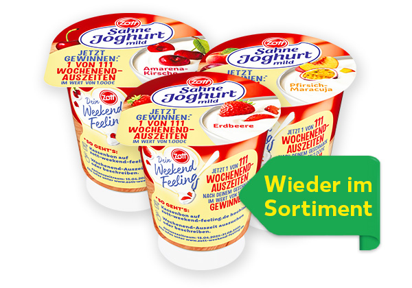 Zott Sahnejoghurt, versch. Sorten; Logo: Wieder im Sortiment