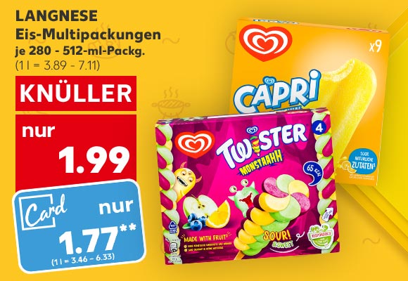 Langnese Eis-Multipackungen, versch. Sorten, je 280 - 512-ml-Packg. für 1.99 Euro (1 l = 3.89 - 7.11); Kaufland Card Preis: 1.77 Euro** (1 l = 3.46 - 6.33)