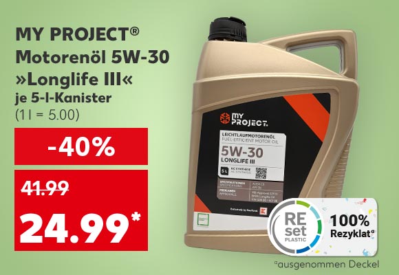 My Project® Motorenöl 5W-30 »Longlife III«, je 5-l-Kanister für 24.99 Euro* (1 l = 5.00); Logo: Reset 100% Rezyklatᵃ; ᵃausgenommen Deckel