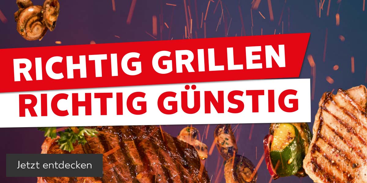 Schriftzug: Richtig grillen, richtig günstig; Button: Jetzt entdecken