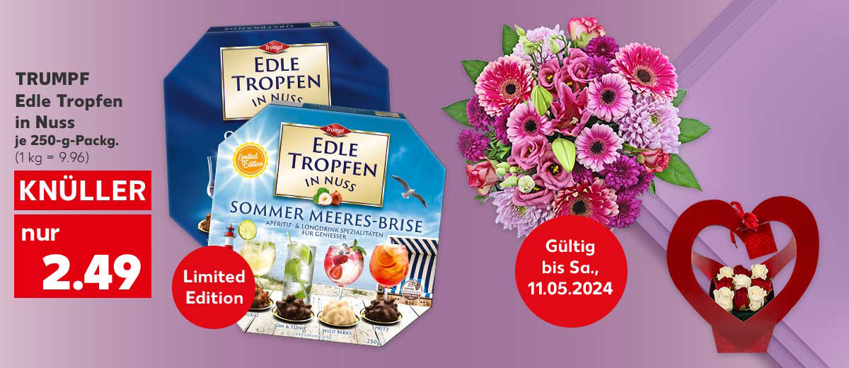 Trumpf Edle Tropfen in Nuss, versch. Sorten, je 250-g-Packg. für 2.49 Euro (1 kg = 9.96); Störer: Limited Edition; Weitere Produktabbildungen: Premiumstrauß, Geschenktasche mit Rosen; Störer: Gültig bis Sa., 11.05.