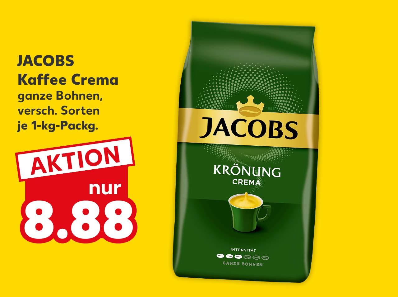 Jacobs Kaffee Crema, ganze Bohnen, versch. Sorten, je 1-kg-Packg. für 8.88 Euro 
