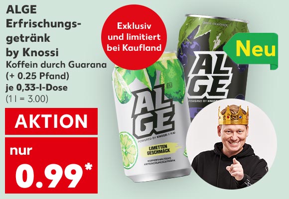 Alge Erfrischungsgetränk by Knossi, mit natürlichem Koffein durch Guarana, (+ 0.25 Pfand), je 0,33-l-Dose für 0.99 Euro* (1 l = 3.00); Abbildung: Streaming-Star und Entertainer Knossi; Störer: Exklusiv und limitiert bei Kaufland; Logo: Neu