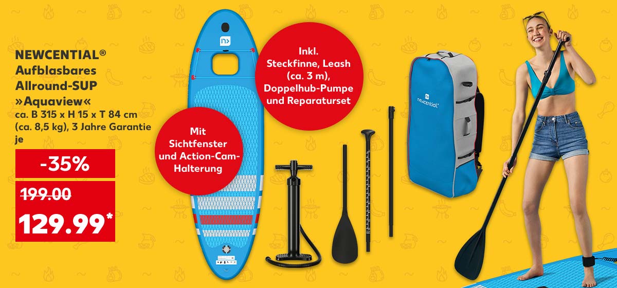 Newcential® Aufblasbares Allround-SUP »Aquaview«, ca. B 315 x H 15 x T 84 cm (ca. 8,5 kg), 3 Jahre Garantie, je für 129.00 Euro*; Störer: Mit Sichtfenster und Action-Cam-Halterung; Störer: Inkl. Steckfinne, Leash (ca. 3 m), Doppelhub-Pumpe und Reparaturset; Abbildung: Eine Frau steht auf einem Stand-Up-Paddleboard