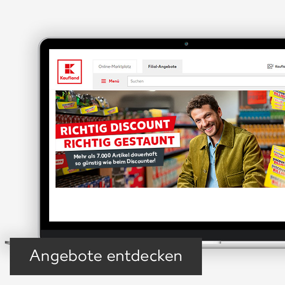 Abbildung: Laptop zeigt Kaufland-Webseite; Button: Angebote entdecken