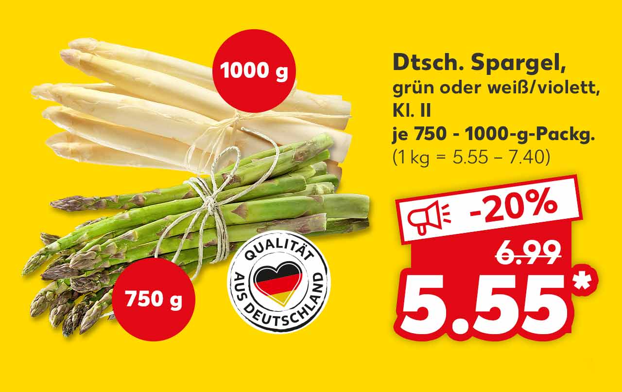 Dtsch. Spargel, grün oder weiß/violett, Kl. II, je 750 - 1000-g-Packg. für 5.55 Euro* (1 kg = 5.55 - 7.40); Störer an weißem Spargel: 1000 g; Störer an grünem Spargel: 750 g; Logo: Qualität aus Deutschland