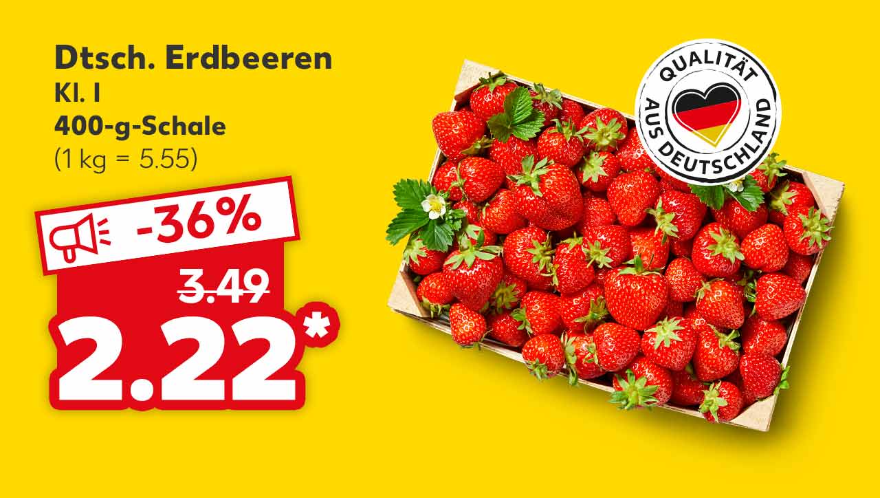 Dtsch. Erdbeeren, Kl. I, 400-g-Schale für 2.22 Euro* (1 kg = 5.55); Logo: Qualität aus Deutschland