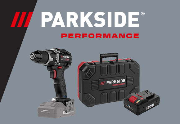 Logo: Parkside Performance; Abbildung: Verschiedene Produkte von Parkside Performance