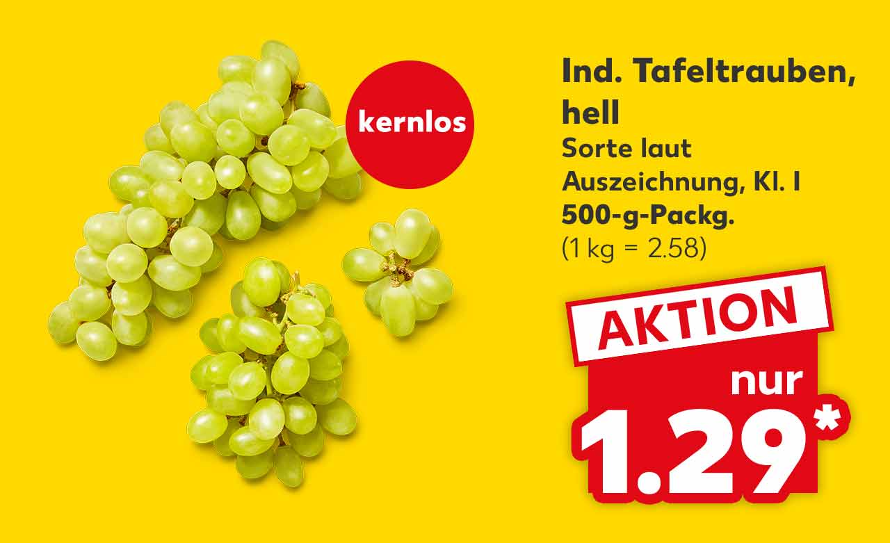 Ind. Tafeltrauben, hell, Sorte laut Auszeichnung, Kl I, 500-g-Packg. für 1.29 Euro* (1 kg = 2.58); Störer: kernlos