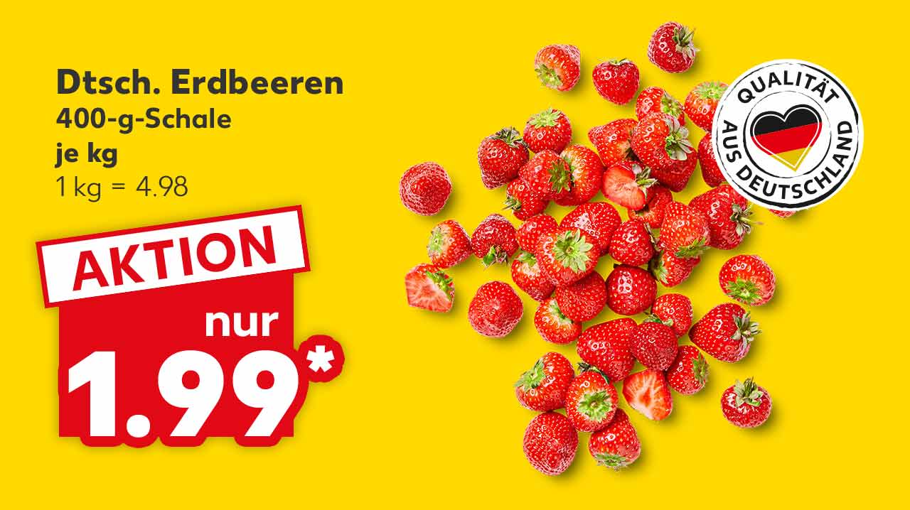 Dtsch. Erdbeeren, Kl. I, 400-g-Schale für 1.99 Euro* (1 kg = 4.98); Logo: Qualität aus Deutschland