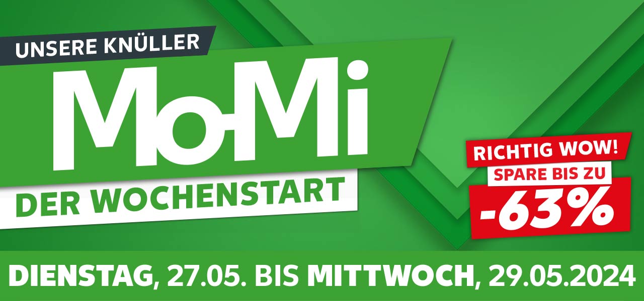 Schriftzug: Unsere Knüller, Mo-Mi, Der Wochenstart; Von Montag, 27.05. bis Mittwoch, 29.05.2024; Störer: Richtig Wow! Spare bis zu -63%