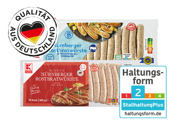 K-Classic Nürnberger Rostbratwürste, versch. Sorten; Logo: Qualität aus Deutschland; Logo: Haltungsform 2