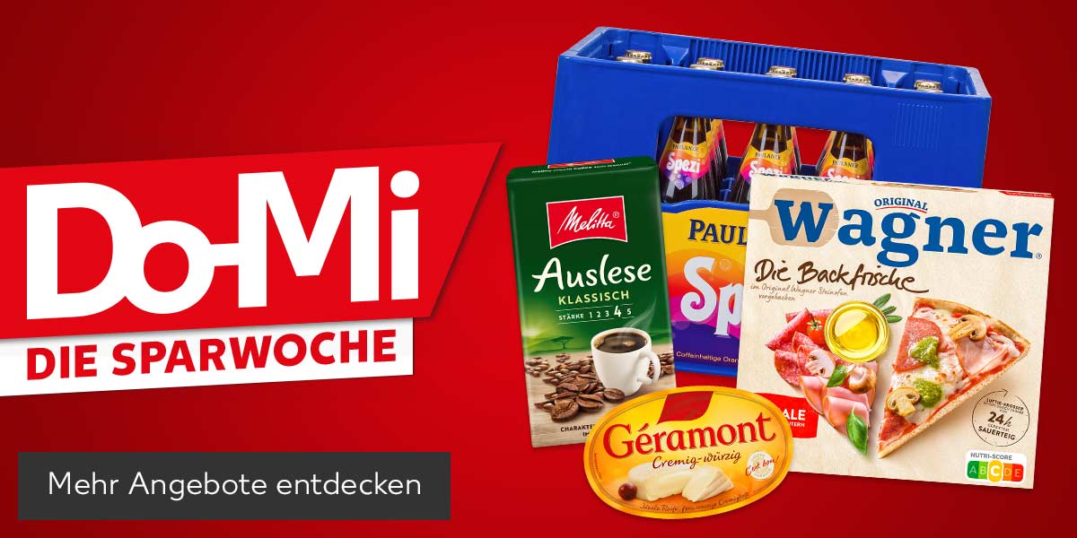 Schriftzug: Do-Mi, Die Sparwoche; Produktabbildungen: Melitta Kaffee, Géramont Franz. Weichkäse, Original Wagner Die Backfrische oder Big City Pizza, Paulaner Spezi; Button: Mehr Angebote entdecken