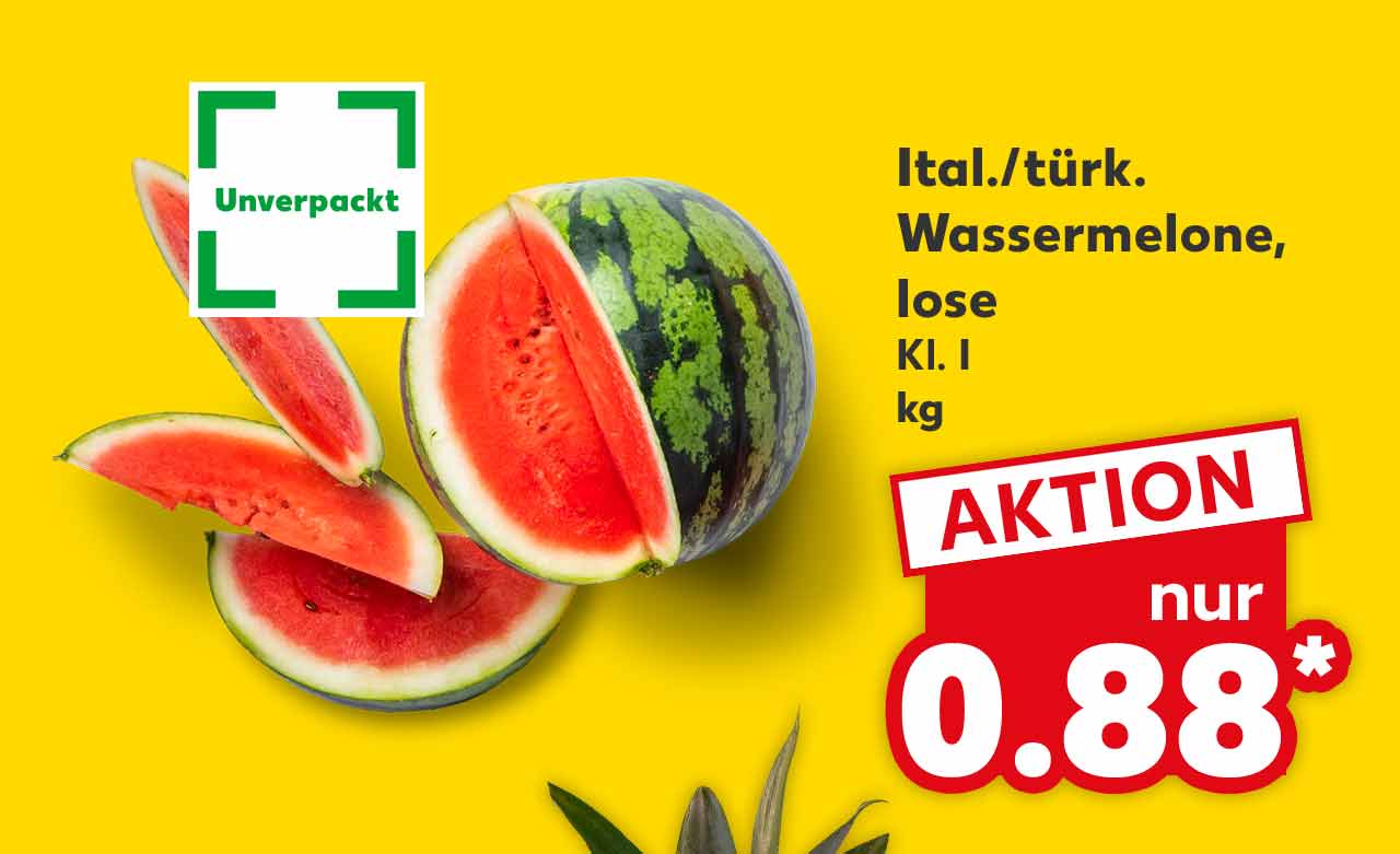 Ital./türk. Wassermelone, lose, Kl. I, kg für 0.88 Euro*; Logo: Unverpackt