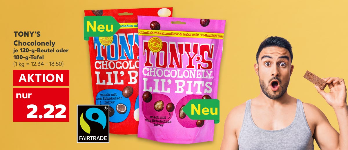 Tony's Chocolonely, versch. Sorten, je 120-g-Beutel oder 180-g-Tafel für 2.22 Euro (1 kg = 12.34 - 18.50); Logo an den Sorten: Neu; Logo: Fairtrade; Abbildung: Ein Mann hält einen Schokoriegel in der Hand