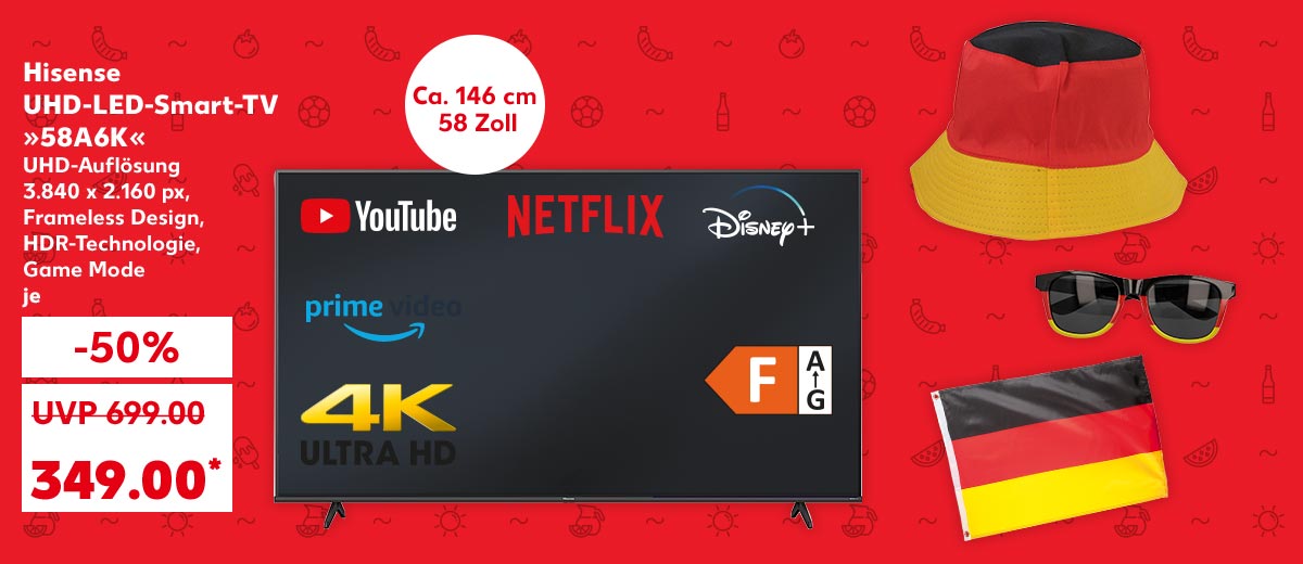 Hisense Uhd-Led-Smart-TV »58A6K«, Frameless Design, Uhd-Auflösung 3.840 x 2.160 px, Hdr-Technologie, Game Mode, je für 349.00 Euro* (UVP = 699.00 Euro); Logos: 4K Ultra Hd; YouTube; Prime Video; Netflix; Disney+; Energieeffizienzklasse: F; Störer: Ca. 146 cm, 58 Zoll; Weitere Produktabbildungen: Hut oder Fischerhut, Sonnenbrille, Fahne