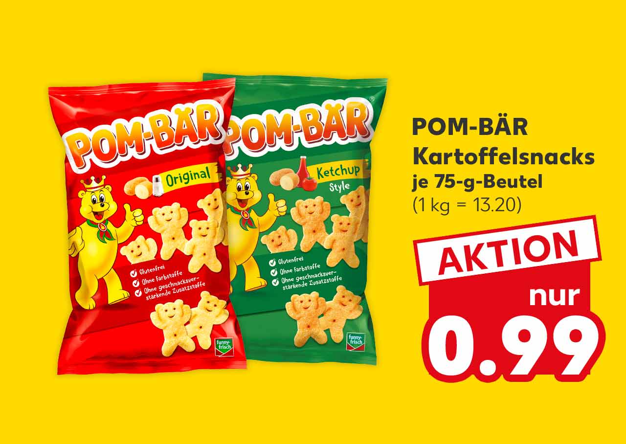 Pom-Bär Kartoffelsnacks, versch. Sorten, je 75-g-Beutel für 0.99 Euro (1 kg = 13.20)