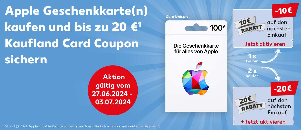 Störer: Aktion gültig vom 27.06.2024 - 03.07.2024; Schriftzug: Zum Beispiel: Abbildung: Apple Geschenkkarte im Wert von 100 €; Störer: 1 x kaufen mit Pfeil auf Abbildung: Coupon: 10 € Rabatt auf den nächsten Einkauf, + Jetzt aktivieren; Störer: 2 x kaufen mit Pfeil auf Abbildung: 20 € Rabatt auf den nächsten Einkauf, + Jetzt aktivieren; Schriftzug: TM and © 2024 Apple Inc. Alle Rechte vorbehalten. Ausschließlich einlösbar mit deutscher Apple-ID.