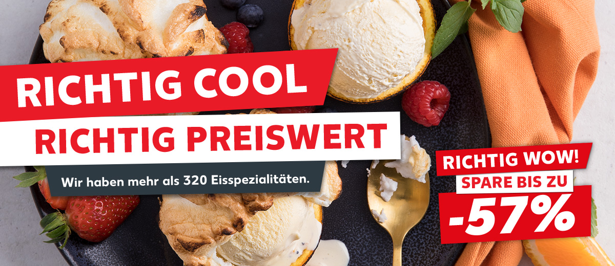 Schriftzug: Richtig cool, richtig preiswert, Wir haben mehr als 320 Eisspezialitäten.; Störer: Richtig wow! Spare bis zu -57%; Abbildung: Gegrilltes Eis auf einem Teller