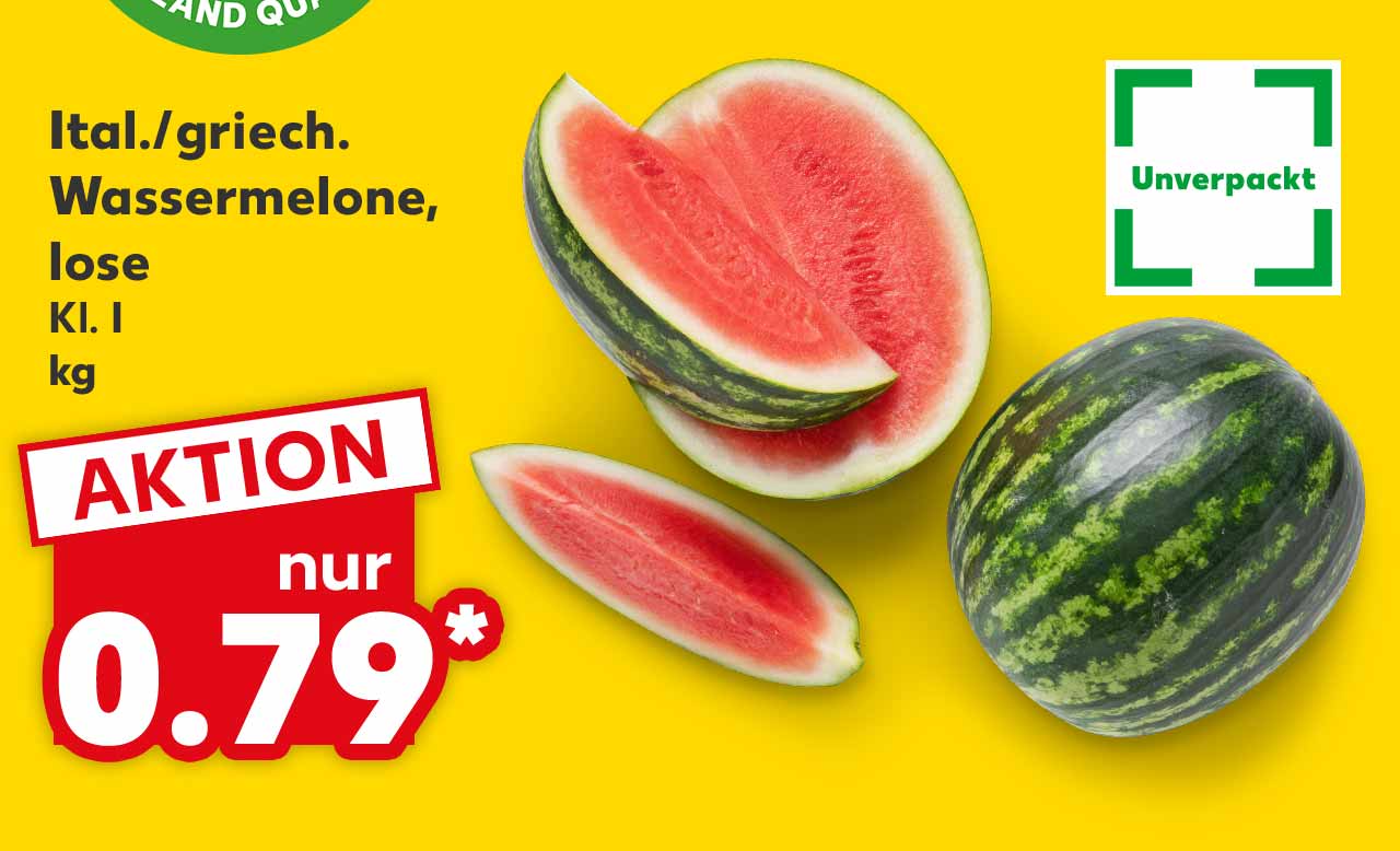 Ital./griech. Wassermelone, lose, Kl. I, kg für 0.79 Euro*; Logo: Unverpackt