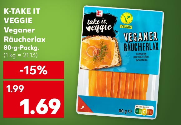 K-take it veggie Veganer Räucherlax, 80-g-Packg. für 1.69 Euro (1 kg = 21.13)