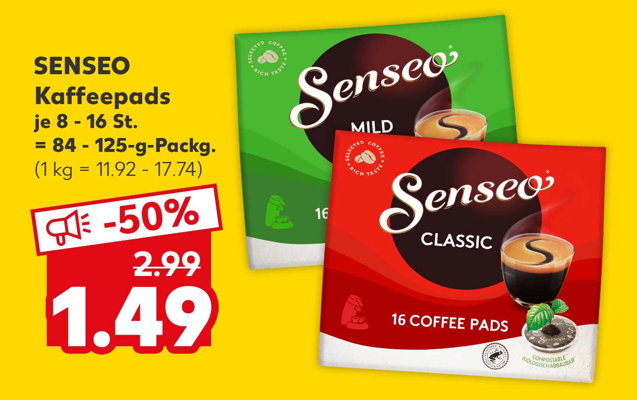 Senseo Kaffeepads, versch. Sorten, je 8 - 16 St. = 84 - 125-g-Packg. für 1.49 Euro (1 kg = 11.92 - 17.74)