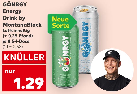 Gönrgy Energy Drink by MontanaBlack, versch. Sorten, koffeinhaltig, (+ 0.25 Pfand), je 0,5-l-Dose für 1.29 Euro (1 l = 2.58); Abbildung: MontanaBlack; Störer: Neue Sorte