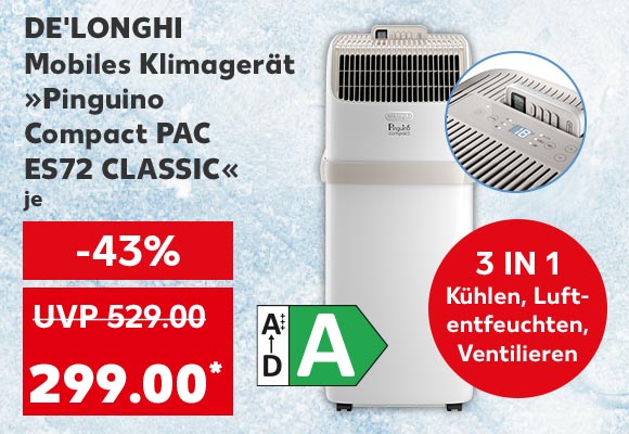 De'Longhi Mobiles Klimagerät »Pinguino Compact Pac ES72 Classic«, je für 299.00 Euro* (UVP = 529.00 Euro); Störer: 3 in 1 Kühlen, Luftentfeuchten, Ventilieren; Logo: Energieeffizienzklasse A